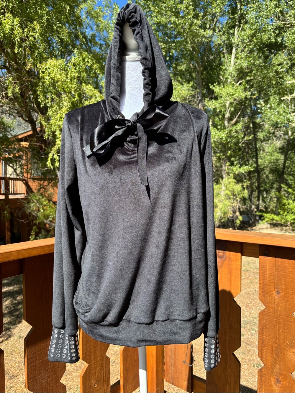 Black soft, velour Hooded Satin-Tie Pullover Top